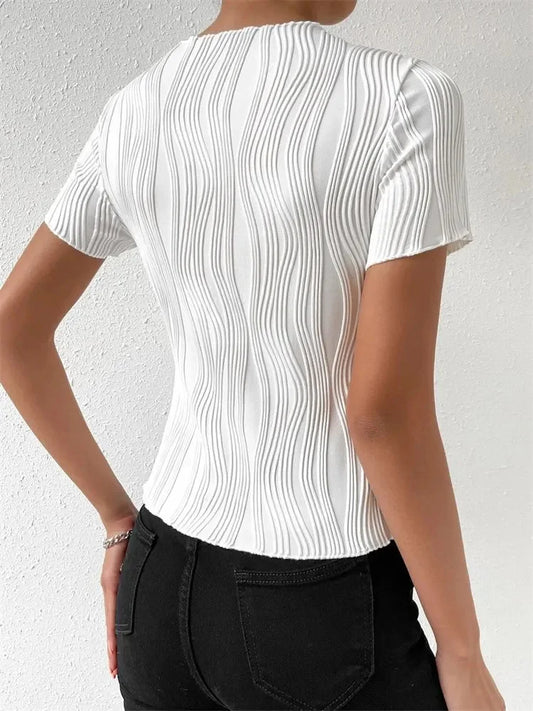 Casual Round Neck Short Sleeve Tee Top for Women Summer Spring Solid Color Rib-knit Tshirt Streetwear Y2K